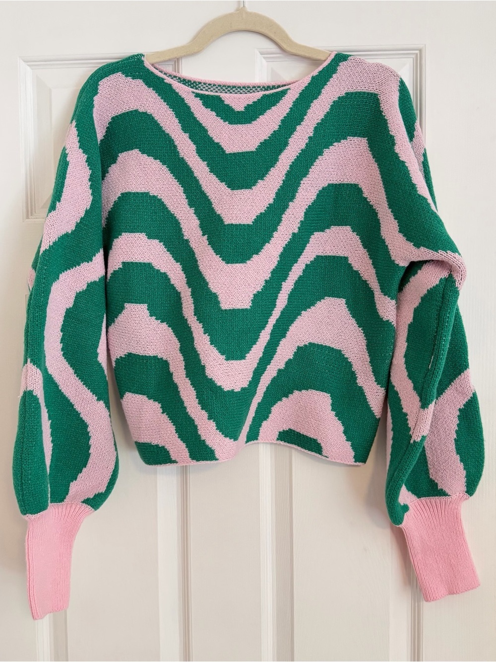 Pink Green Abstract Knit Sweater Large Balloon Sleeve Cropped Pullover